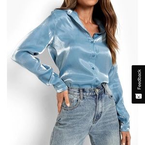 Shimmer Satin Button Up Shirt Blouse